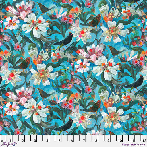 Floral and bird pattern fabric with a ruler at the bottom