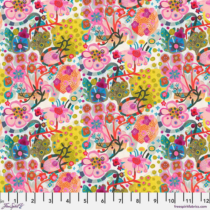 Colorful floral pattern fabric with a ruler at the bottom