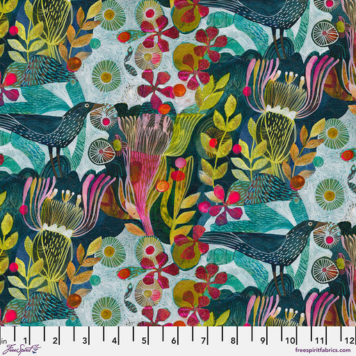 Colorful fabric pattern with birds and flowers on a measuring scale