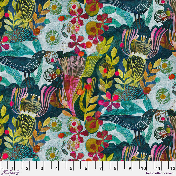 Colorful fabric pattern with birds and flowers on a measuring scale