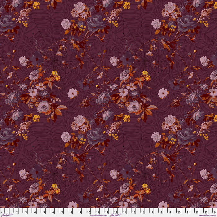 Floral pattern fabric swatch on a dark purple background