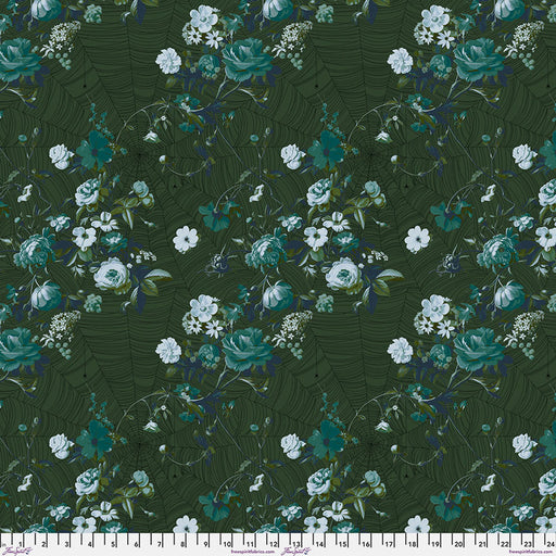 Floral pattern with teal and white flowers on a dark green background
