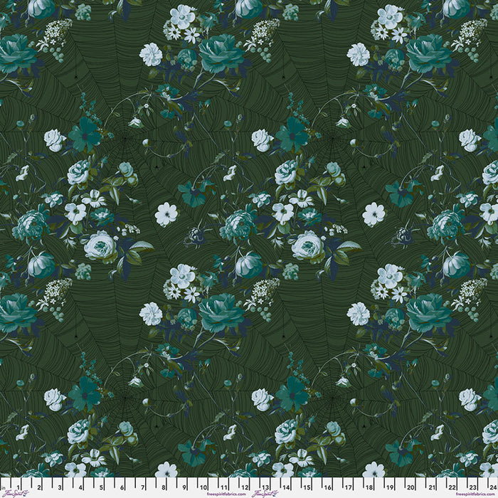 Floral pattern with teal and white flowers on a dark green background