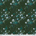 Floral pattern with teal and white flowers on a dark green background