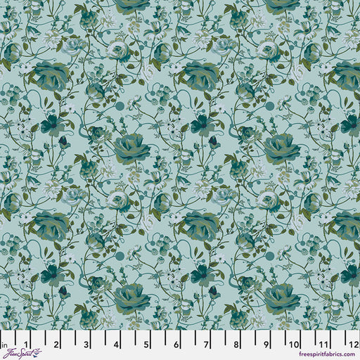 Floral pattern fabric swatch with a ruler at the bottom