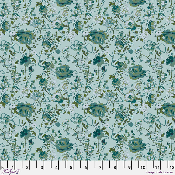 Floral pattern fabric swatch with a ruler at the bottom