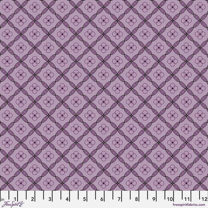 Fabric pattern with geometric design on a purple background