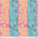 Floral pattern with pink and blue stripes on a fabric swatch