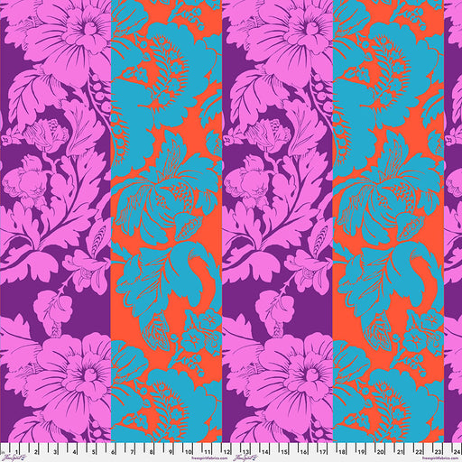 Patterned fabric with floral design in purple, blue, and orange on a striped background.