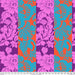 Patterned fabric with floral design in purple, blue, and orange on a striped background.