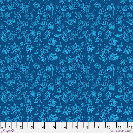 Blue floral pattern on a blue background with a ruler at the bottom.