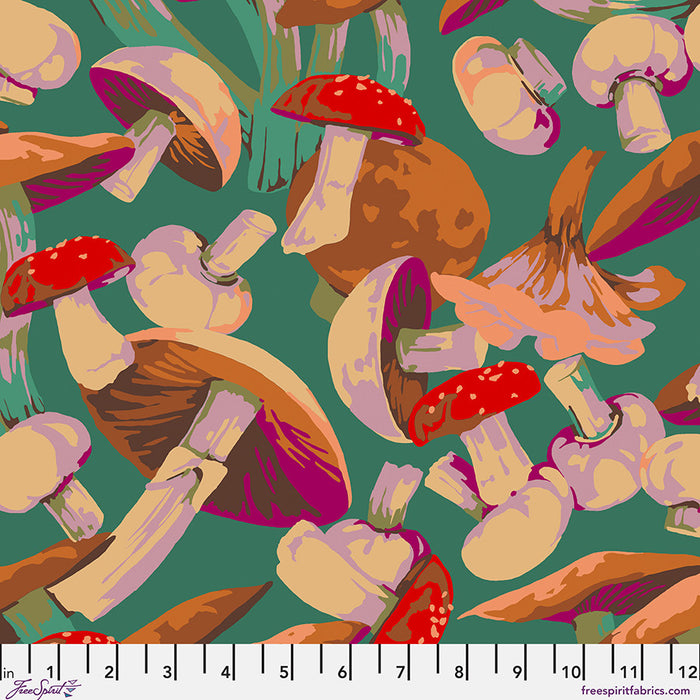 Colorful mushroom pattern on a green background with a fabric swatch at the bottom.