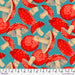 Pattern of red mushrooms with white spots on a blue background, featuring a ruler at the bottom.
