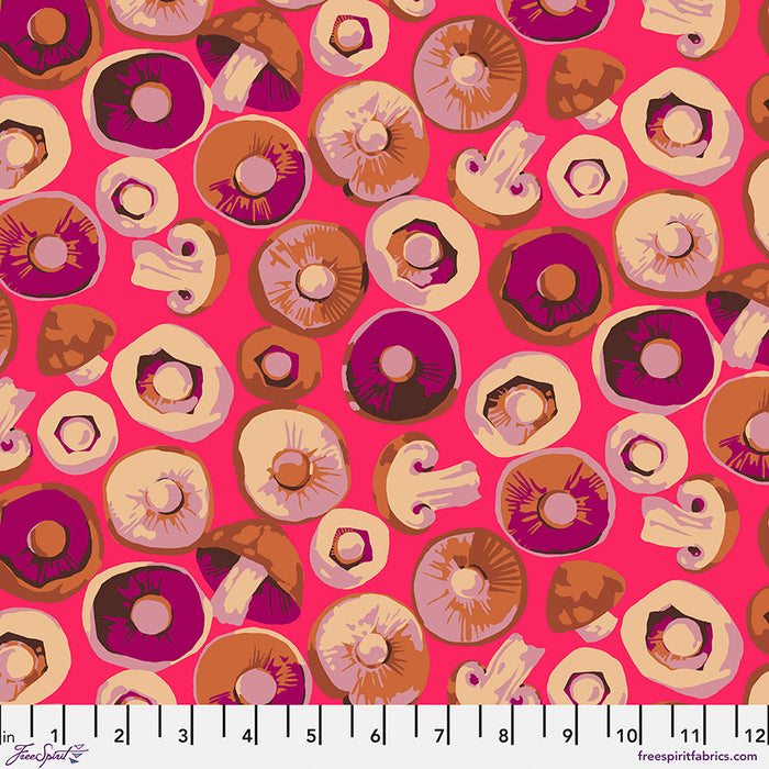 Pattern of mushrooms and donuts on a pink background with a ruler at the bottom.