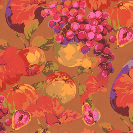 A close-up of a colorful fruit and leaf pattern on fabric, featuring pink grapes, red and orange peaches, yellow pears, and purple leaves on a warm brown background.