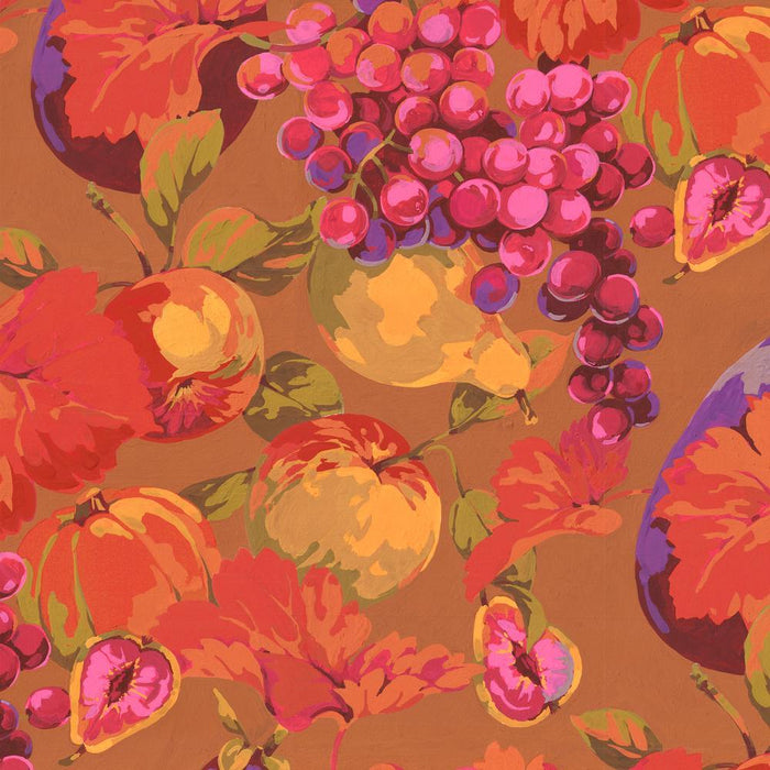 A close-up of a colorful fruit and leaf pattern on fabric, featuring pink grapes, red and orange peaches, yellow pears, and purple leaves on a warm brown background.