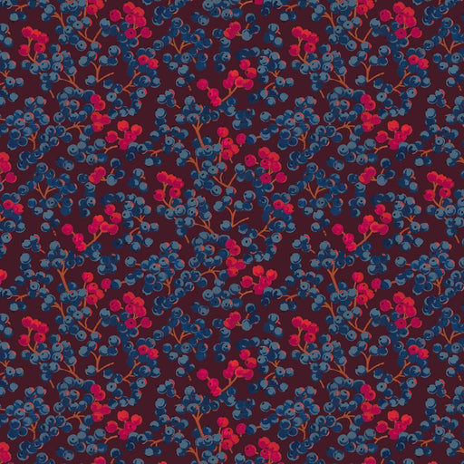 A repeating floral pattern featuring clusters of blue berries and bright pink-red berries on thin brown branches, set against a dark burgundy background.