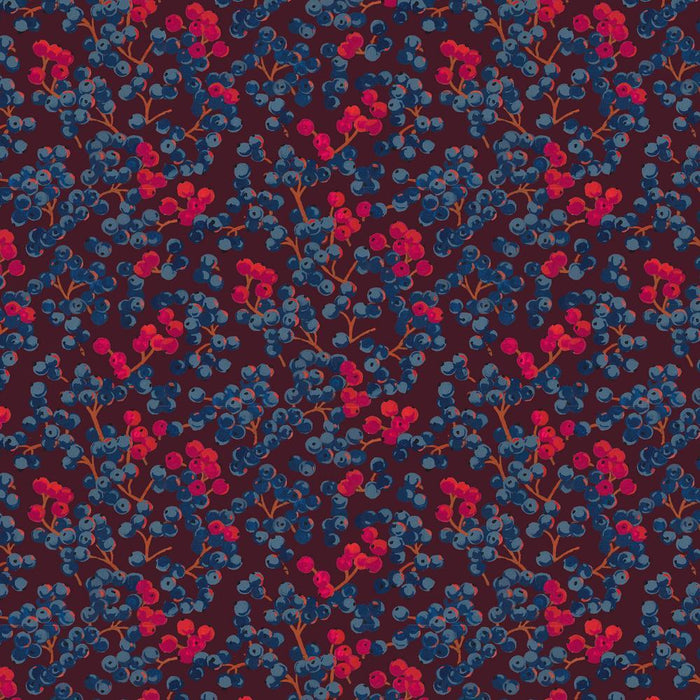A repeating floral pattern featuring clusters of blue berries and bright pink-red berries on thin brown branches, set against a dark burgundy background.