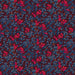 A repeating floral pattern featuring clusters of blue berries and bright pink-red berries on thin brown branches, set against a dark burgundy background.