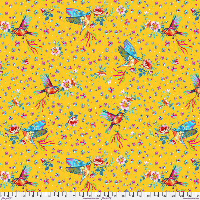 Colorful bird and flower pattern on a yellow background with a fabric swatch at the bottom.