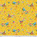 Colorful bird and flower pattern on a yellow background with a fabric swatch at the bottom.