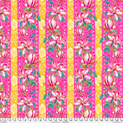 Floral pattern with pink and yellow stripes on a fabric swatch.