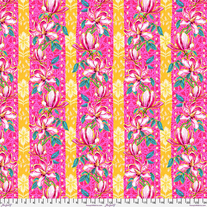 Floral pattern with pink and yellow stripes on a fabric swatch.