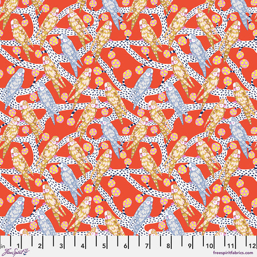 Pattern of colorful birds on a red background with a ruler at the bottom.