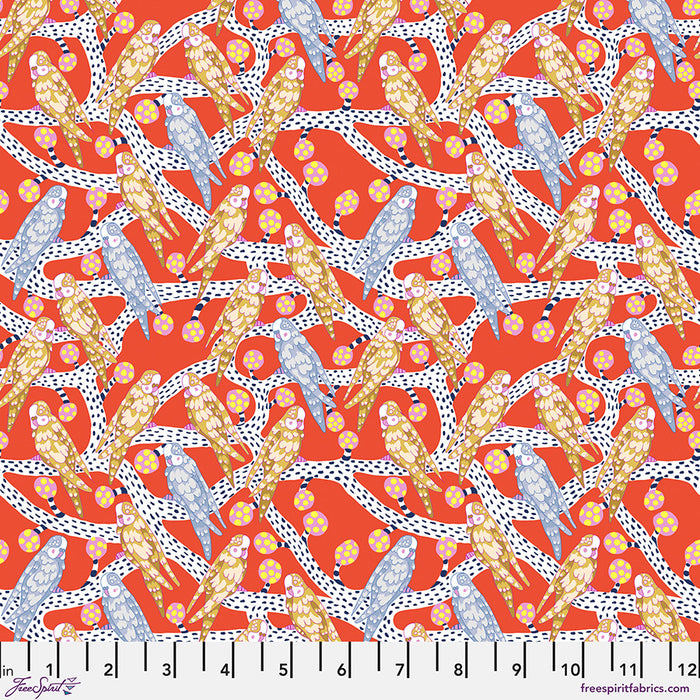 Pattern of colorful birds on a red background with a ruler at the bottom.