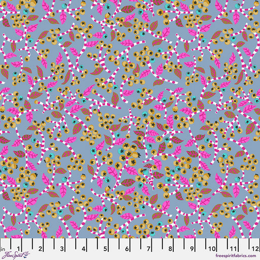 Floral pattern with pink and yellow flowers on a blue background, featuring a ruler at the bottom.