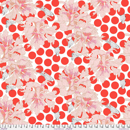 Floral pattern with red polka dots on a white background