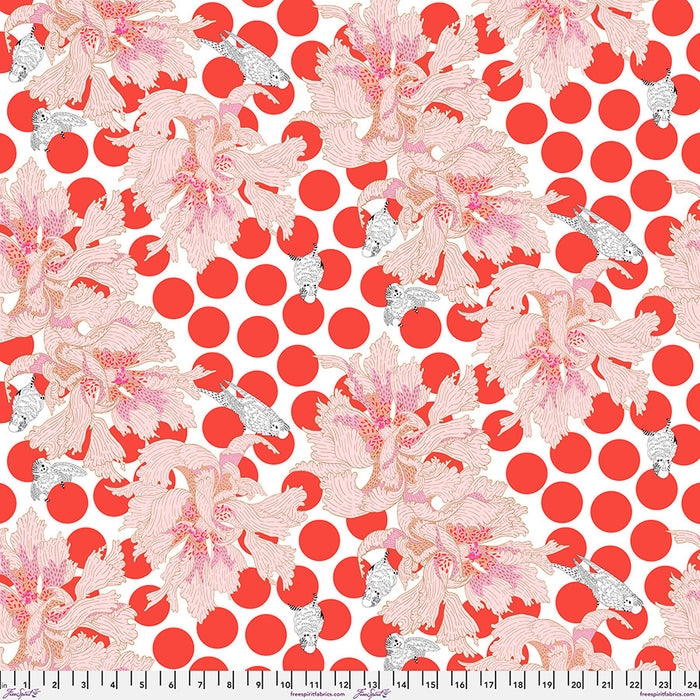 Floral pattern with red polka dots on a white background