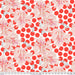 Floral pattern with red polka dots on a white background