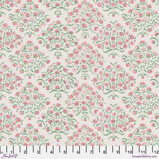 Floral pattern with pink flowers and green leaves on a white background