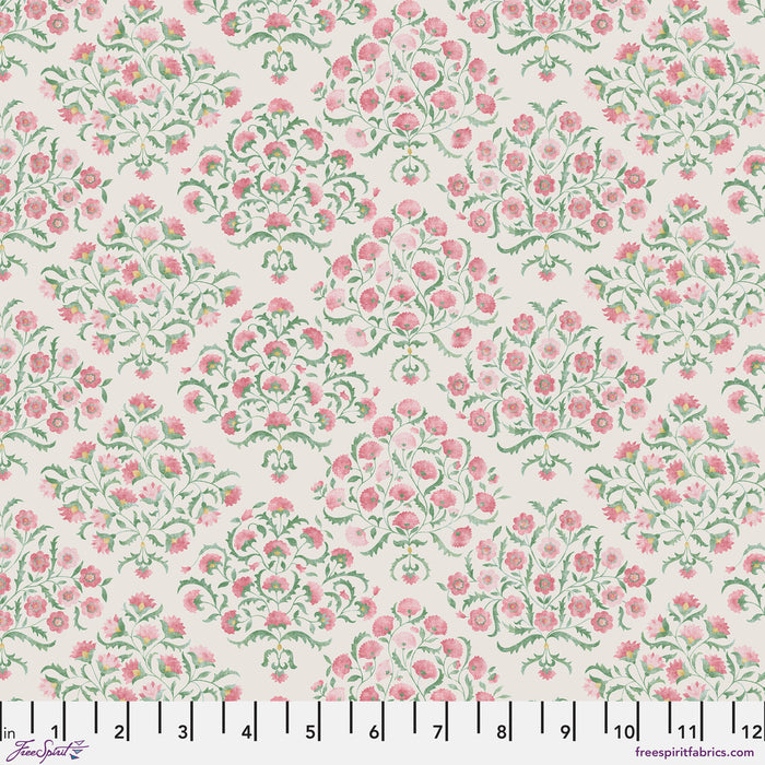 Floral pattern with pink flowers and green leaves on a white background
