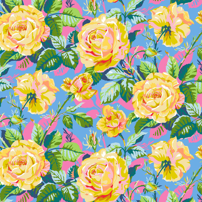 Colorful floral pattern with yellow roses on a blue background