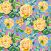 Colorful floral pattern with yellow roses on a blue background