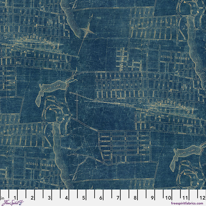 Vintage blueprint pattern with a ruler at the bottom, featuring geometric shapes and text.