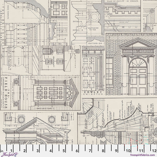 A close-up of a fabric print featuring architectural blueprints and detailed building elevations in black line art on a warm beige background. A measuring ruler is visible along the bottom edge to show scale.