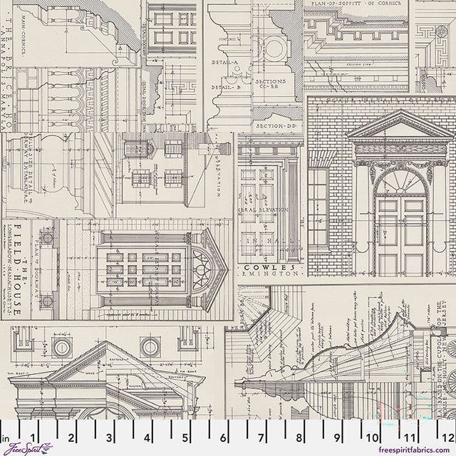 A close-up of a fabric print featuring architectural blueprints and detailed building elevations in black line art on a warm beige background. A measuring ruler is visible along the bottom edge to show scale.