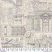 A close-up of a fabric print featuring architectural blueprints and detailed building elevations in black line art on a warm beige background. A measuring ruler is visible along the bottom edge to show scale.