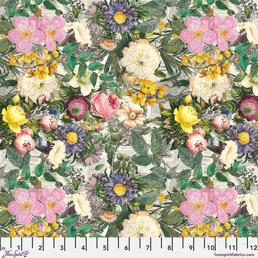 A repeating floral fabric pattern with pink, cream, yellow, and purple flowers, green leaves, and a vintage book page background. A white ruler strip appears along the bottom edge with measurements.