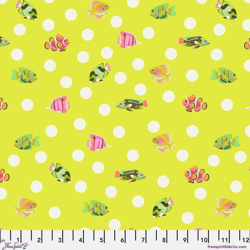 Colorful fish pattern on a green background with white polka dots