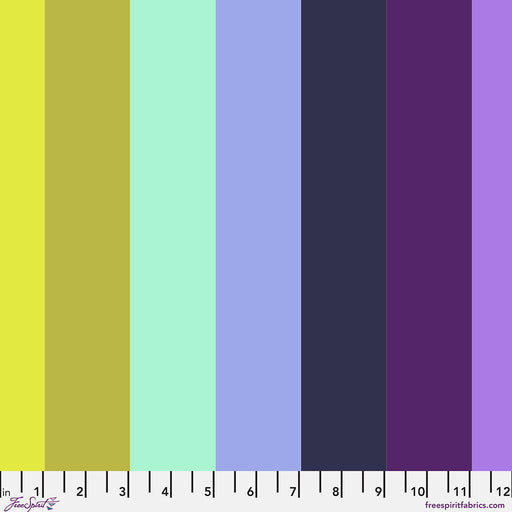 Color swatch with vertical stripes in yellow, green, blue, purple, and black on a white background.
