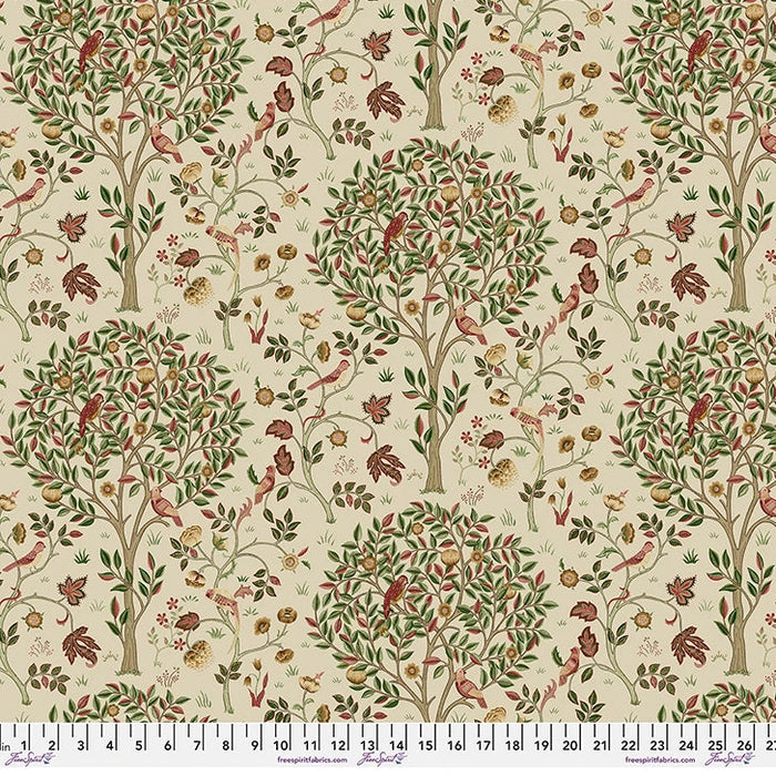 Fabric with a nature-themed pattern featuring trees, birds, and flowers on a beige background.