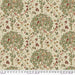 Fabric with a nature-themed pattern featuring trees, birds, and flowers on a beige background.