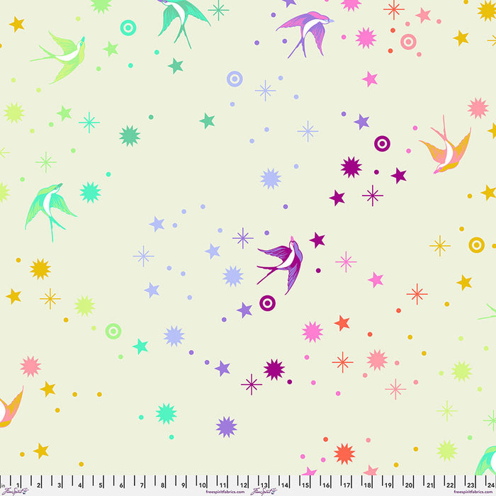 Colorful pattern of birds and stars on a light green background