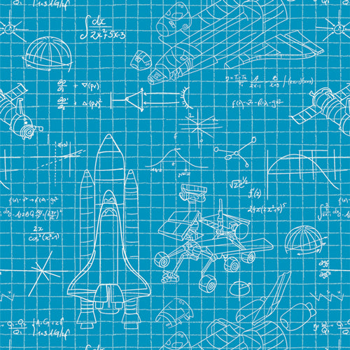Technical drawings and formulas on a blue grid background