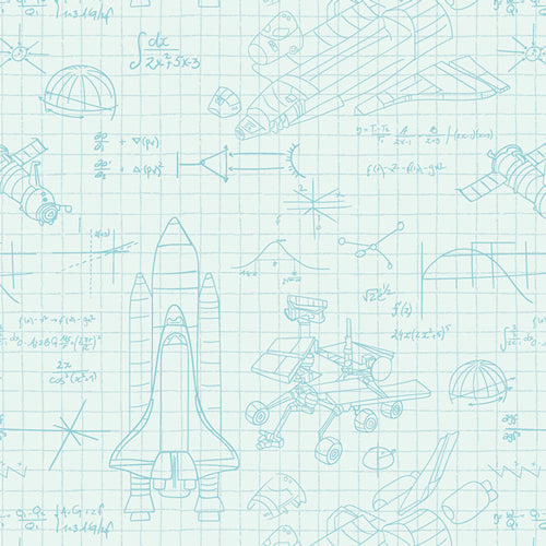 Blueprint-style design with space-themed illustrations on graph paper.
