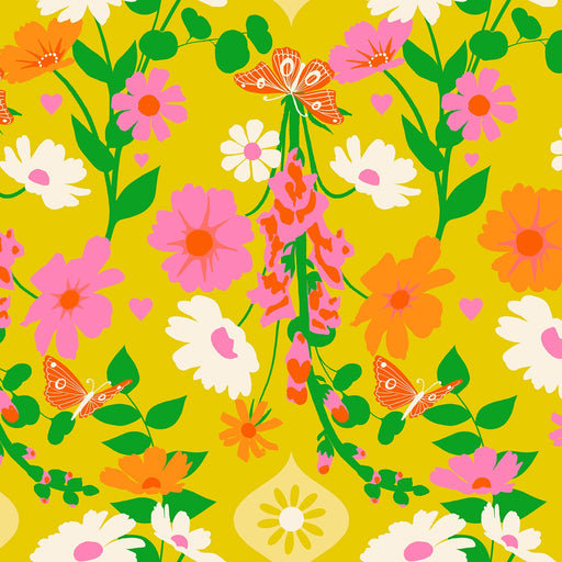 Colorful floral pattern with butterflies on a yellow background